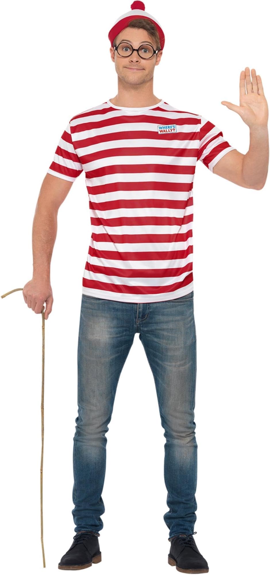 Smiffys Where's Wally Kit, Adults Red & White Hat, Knitted Scarf & Glasses, Official License Set with Tassel Detail Scarf, Perfect for a Themed Parties or World Book Day or Halloween