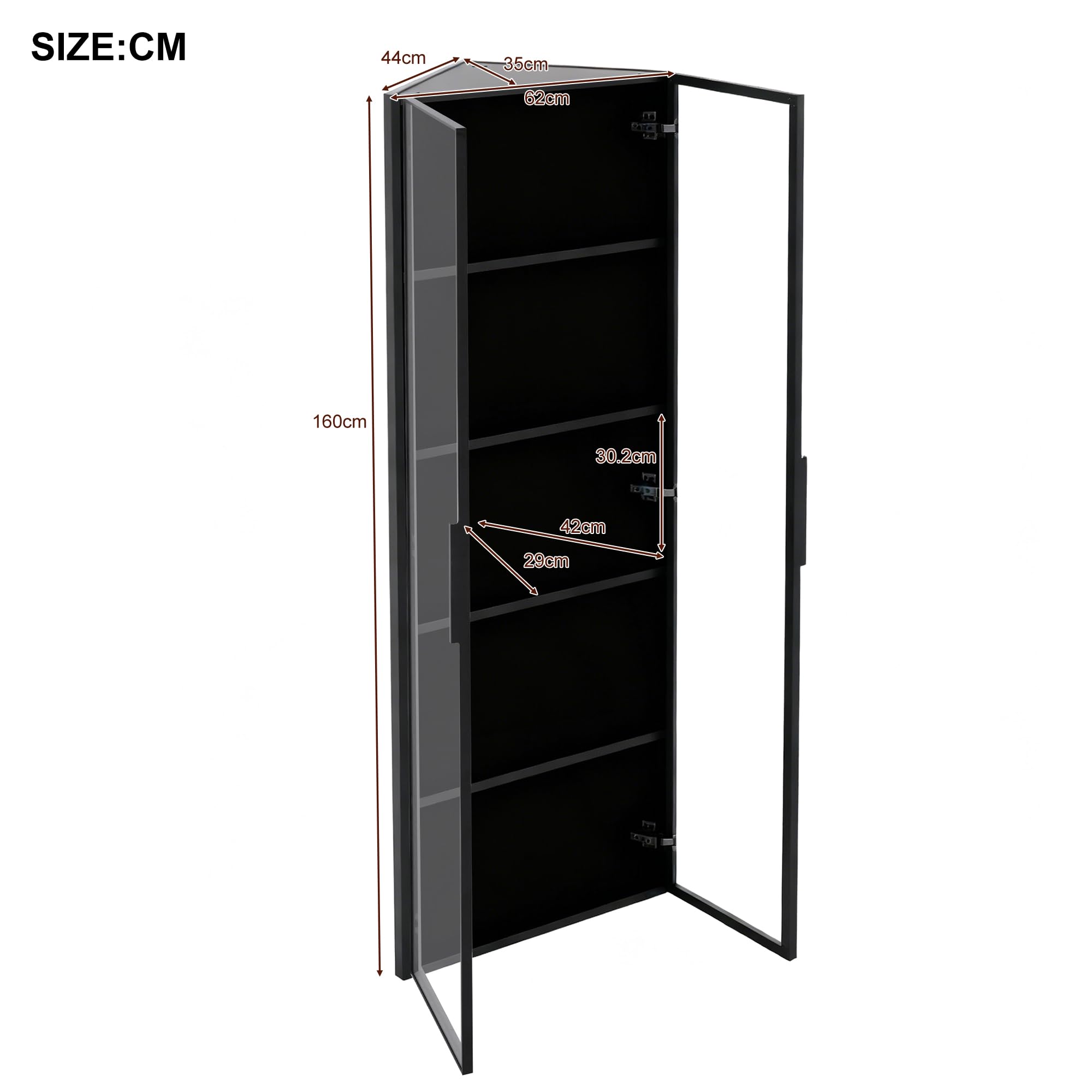 Szklana witryna LED, 62 x 35 x 160 cm, czarna, z wbudowanymi listwami świetlnymi, zabezpieczona przed kurzem witryna z hartowanego szkła z elementem narożnym z drzwiami – szafka narożna, regał na