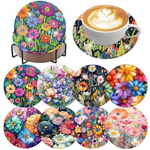 mrpwnle 8 Pcs Diamond Art Coasters Kits, Flowers Diamond Painting Coasters