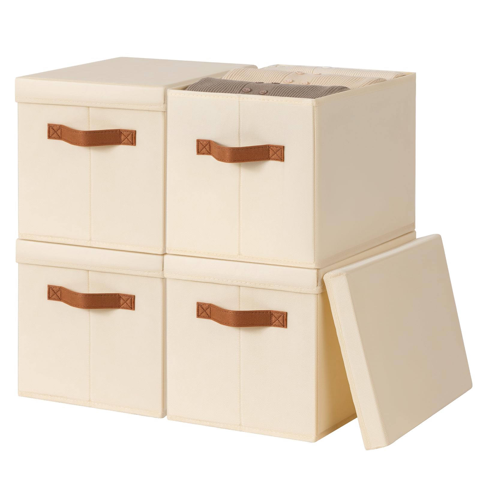 Homsorout Foldable Storage Boxes with Lids - Wardrobe Organiser Bin with Handle Fabric Basket Containers for Clothes, Book, Shelf, Office, Large x4-22L, Beige — image 1