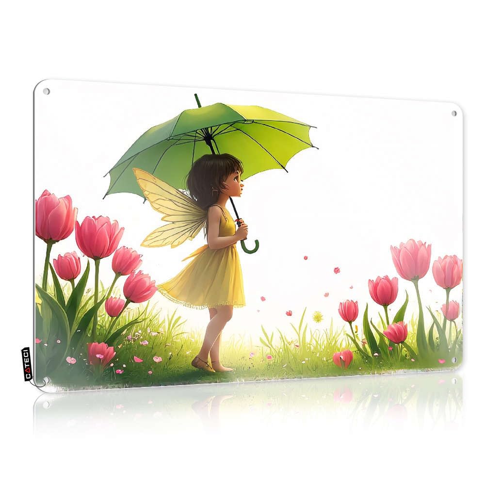 Posters Tinsign Custom Tin Sign, Gift For Dad Fade Resistant A Fairy With Yellow Wings Holds A Green Umbrella In A Field Of Pink Tulips. For Home Kitchen | Nice Vintage Decor For(30X40CM)