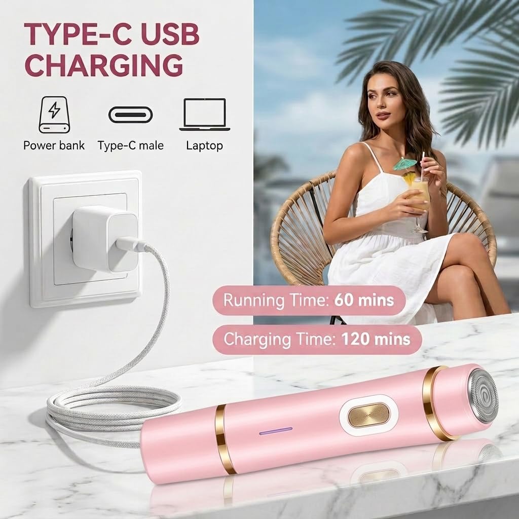 Rasoir Électrique Femme,2-en-1 Tondeuse Intime,pour Visage,Jambes,Aisselles,Maillot,Sensitive Areas,Electric Shaver Utilisation Humide et Sèche,Rechargeable USB-C,IPX7 Étanche,Rose