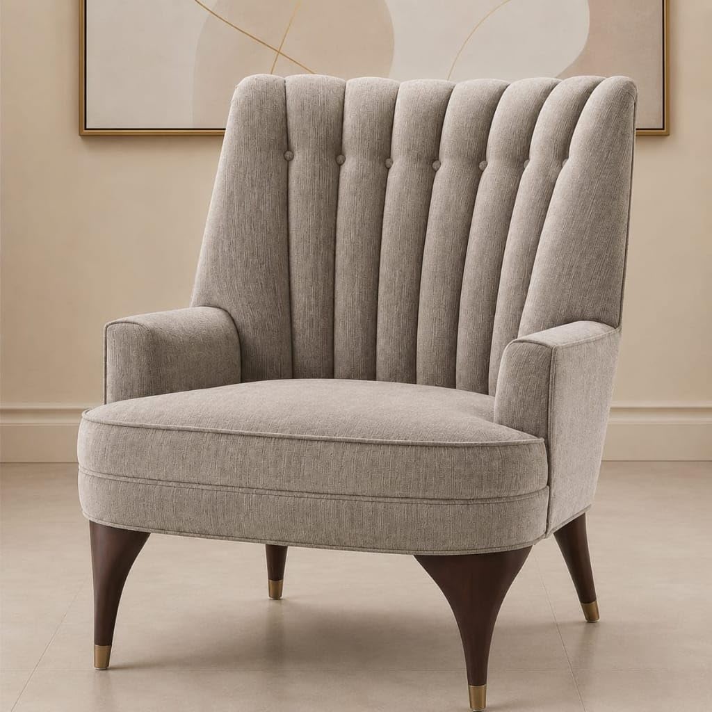 Premium Modern Accent Armchair – High-Back Tufted Upholstered Single Seater Sofa Chair with Wooden Legs & Gold Accents for Living Room, Bedroom, Lounge & Office (Beige/Light Grey)-image-19