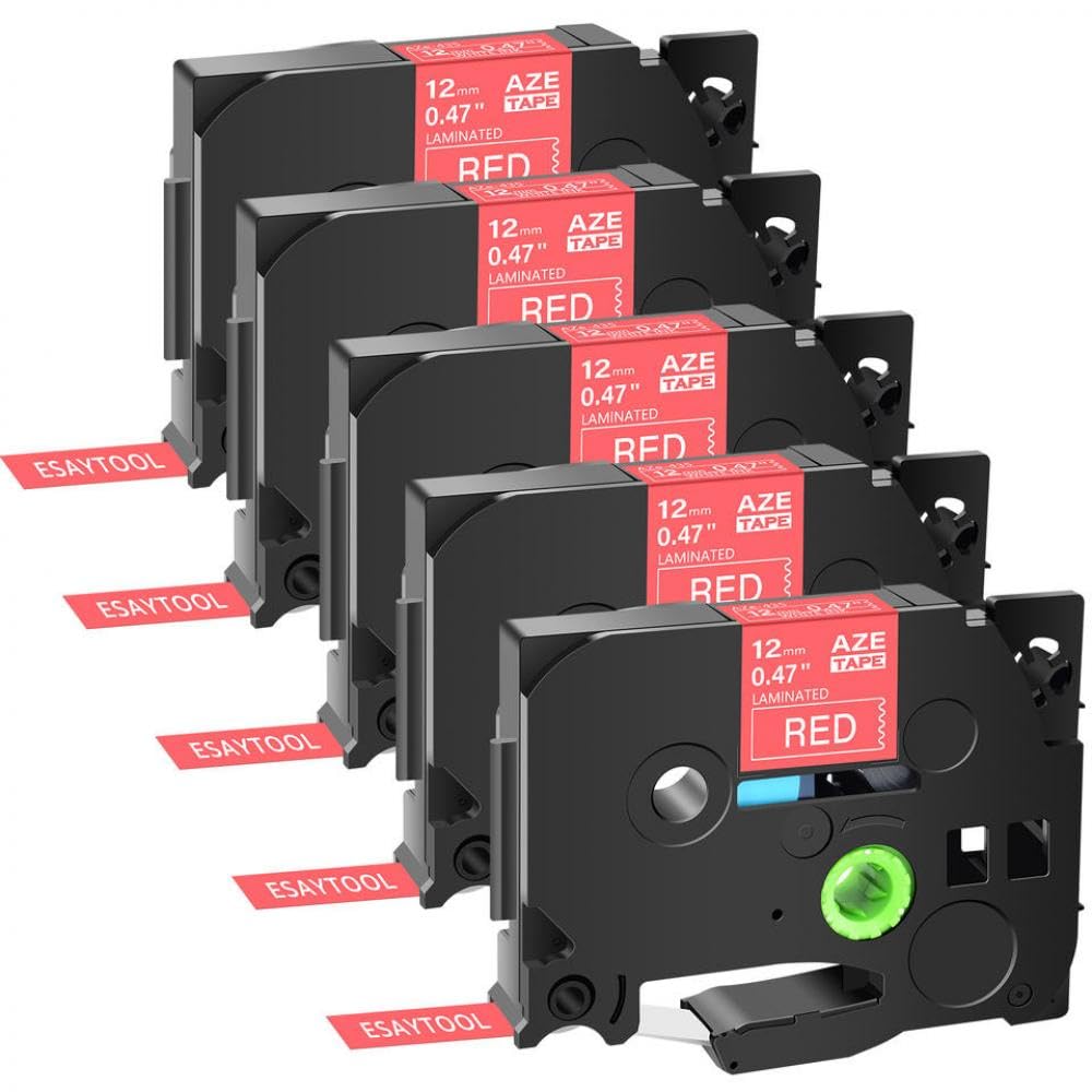 Lot de 5 Rubans d'étiquettes laminés compatibles avec TZe 415 435 6 mm, 9 mm, 12 mm, 18 mm, Blanc sur Rouge, Cassette à Cartouche Compatible avec PT 1000 PT H101C