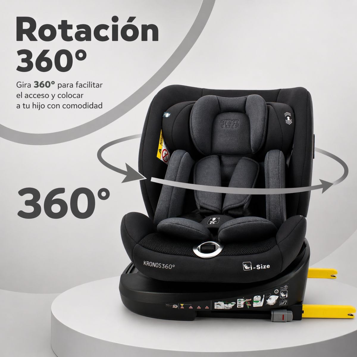 First Step Kronos 360° Silla Coche Bebé i-Size (40-150 cm), Silla Coche ISOFIX Giratoria, Grupo 0/1/2/3, Contramarcha hasta 4 Años, Reclinable 4 Posiciones, Arnés 5 Puntos, 0-12 Años, Negro
