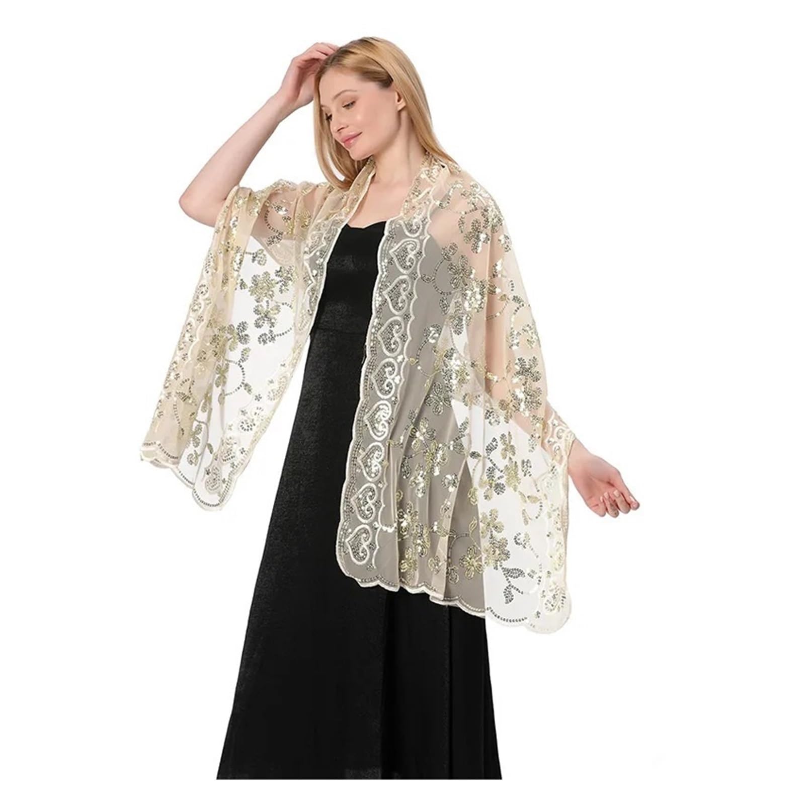 Chal De Noche Chales for Vestidos de Noche de Mujer con Bordados de Lentejuelas Brillantes, chales for Novia, Dama de Honor, Bodas, chales Transparentes, Chal de Fiesta, Capa(Beige)