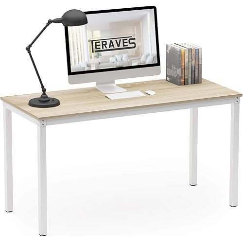 Teraves Computer Desk/Dining Table Office Desk Sturdy Writing Workstation for Home Office (39.37“, Beige + White Frame)