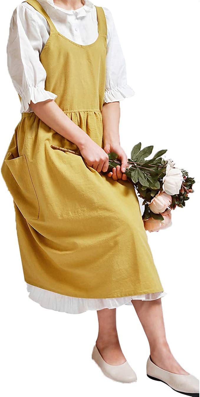 Upxiang Women Retro Literature Art Cotton Linen Cross Back Apron Flower Shop Clothing Cafe Kitchen Cooking Casual Apron - Image 3