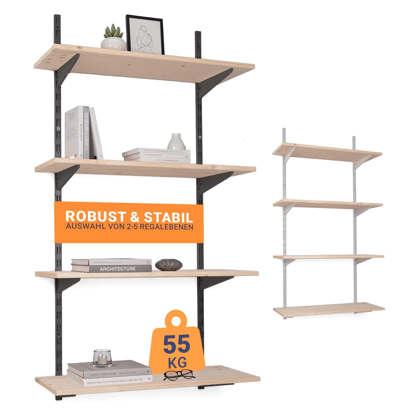 · Set da parete con base · Colore: antracite · 46 varianti · supporto in acciaio · facile montaggio · portata fino a 55 kg (altezza scaffale: 150 cm, 4 ripiani da 80 x 40 cm)