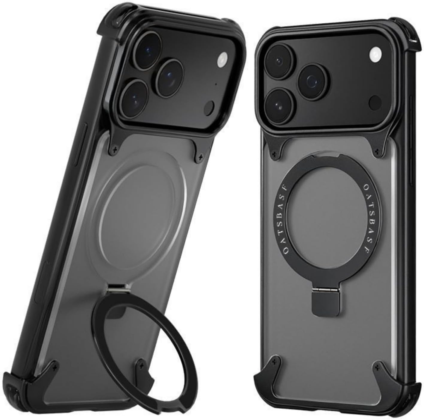 Metal Frameless Case for iPhone 17 Pro, with Hidden Ring Stand, Compatible with MagSafe, Black
