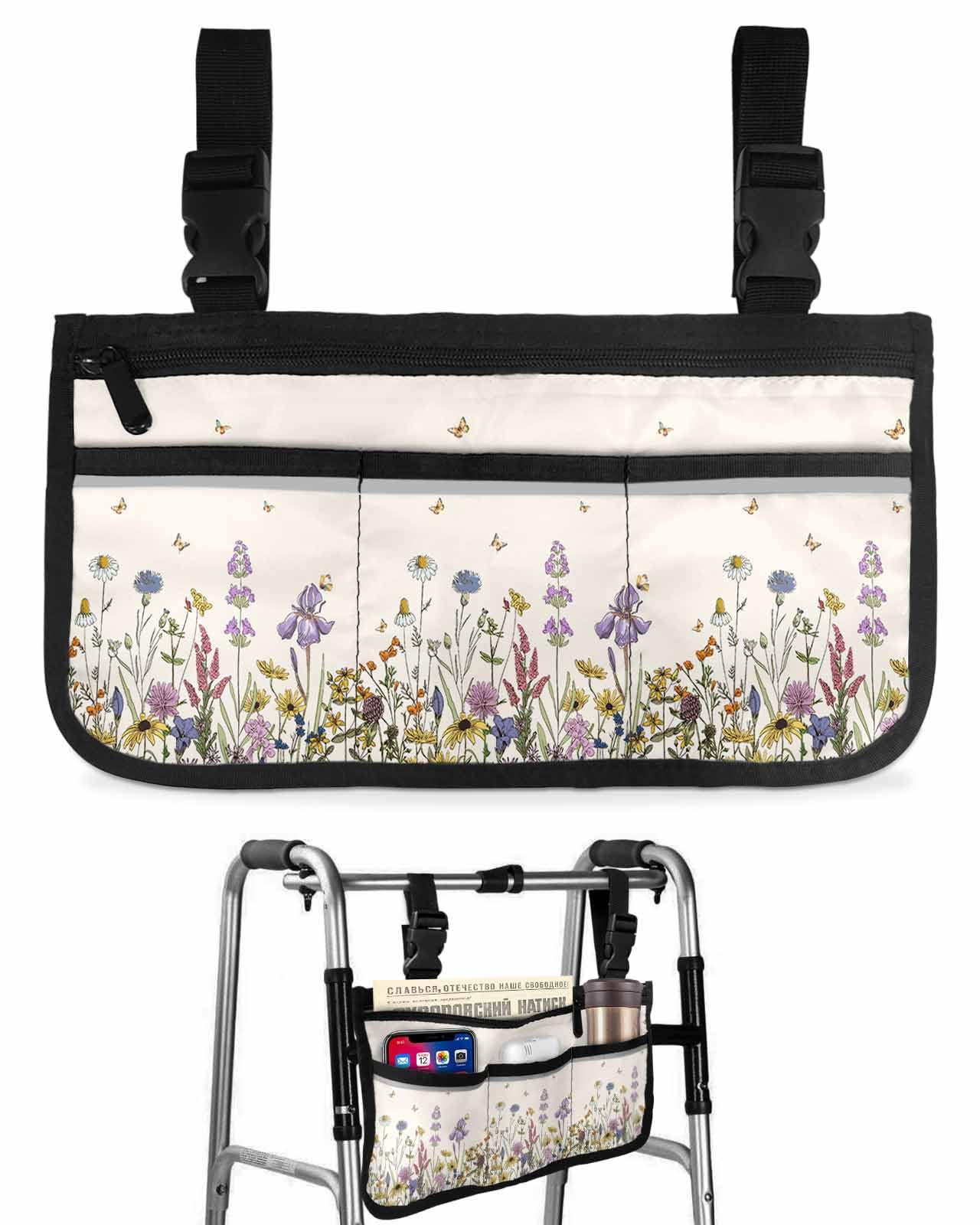 Anzona Watercolor Floral Wheelchair Side Bag Walker Bag, Rustic Butterfly Botanical Beige Wheelchair Accessories Armrest Pouch, Organizer Storage Bag for Walkers, Rollators, Scooters, 7.3''x13''