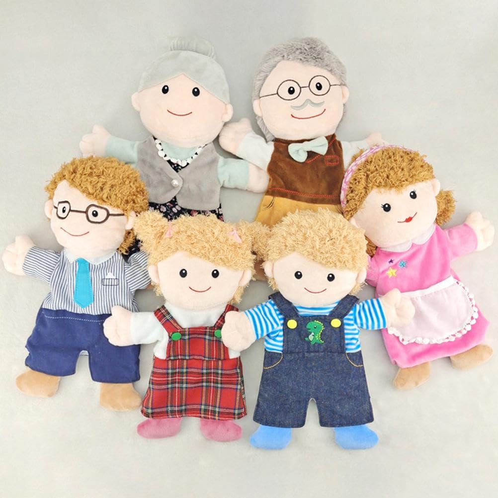 6Pcs Set di Marionette da Mano 11,8 Pollici Morbido Peluche Membri della Famiglia Marionette da Dito Prima Narrazione Educativa per Bambini (Nonno + Nonna + papà + Mamma + Figlio
