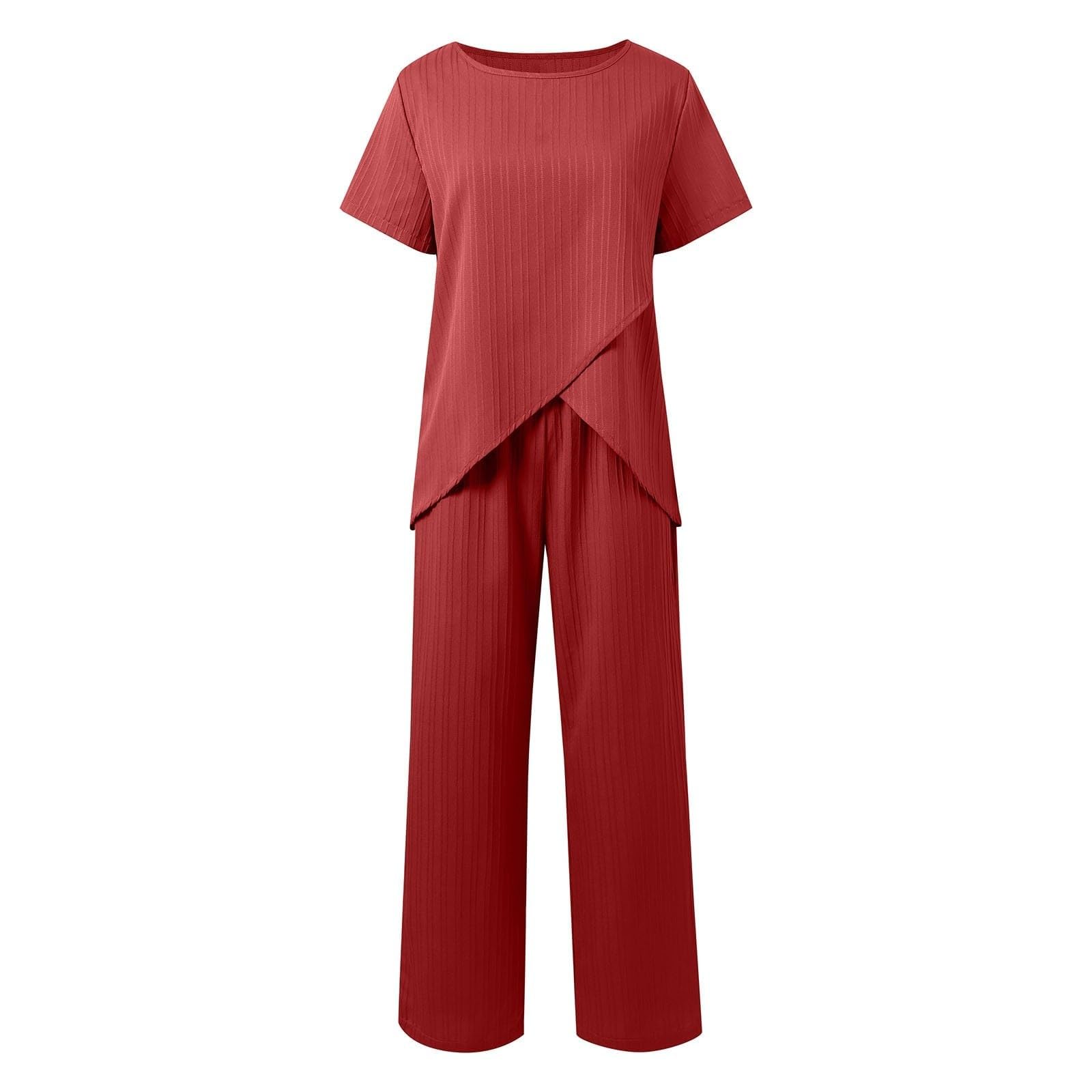 Camisetas Mujer Gatos Camisa Larga Roja Manga Corta Irregular Cuello Cintura Elástica Pantalones Anchos Bolsillos