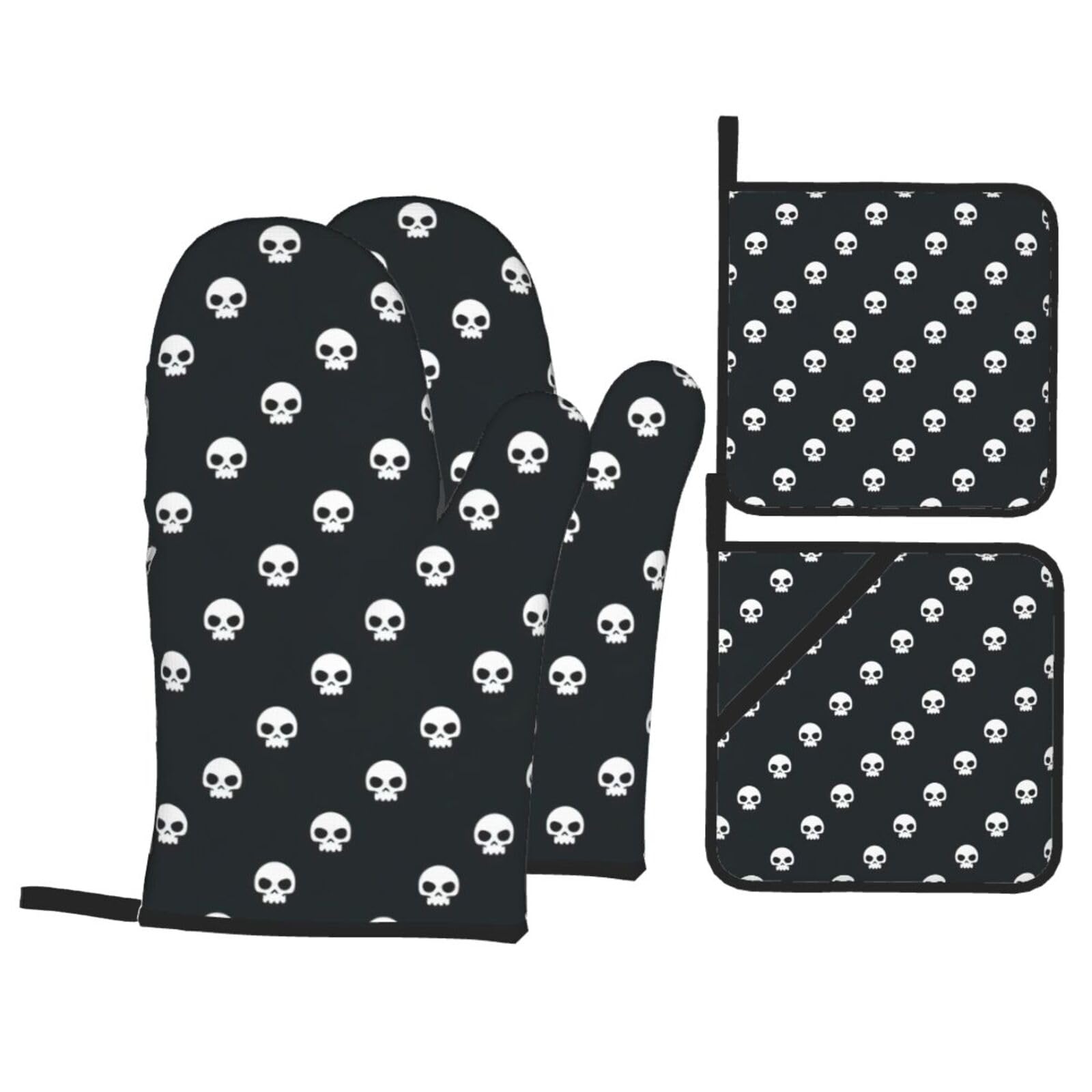 Skull Print Kitchen Oven Mitts And Pot Holders Set,Hanging Loop Design For Cooking Baking Bbq