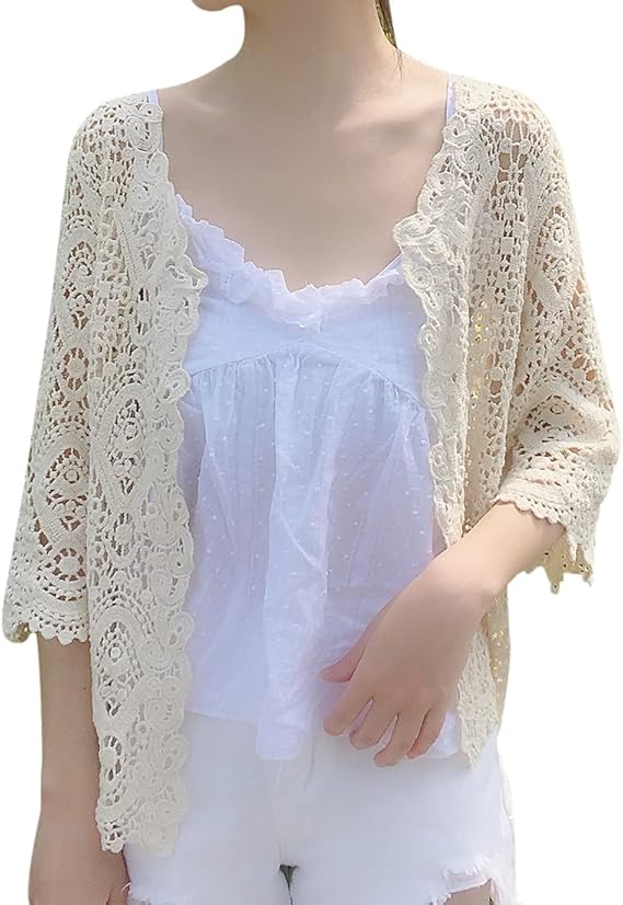 Amazon レディース カーディガン 薄手 きれいめ レースガウン おしゃれ 7分袖 羽織り レース 刺繍 アウター 日焼け 冷房対策 夏春秋適用 ベージュ カーディガン ボレロ 通販
