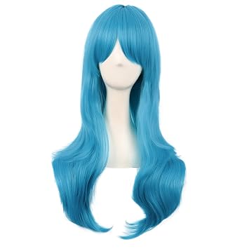 MapofBeauty 28 Inch/70 cm Women Side Bangs Long Curly Hair Cosplay Synthetic Wig Cyan Blue
