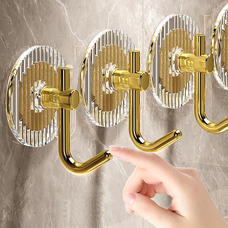 Image of Self Adhesive Golden Wall Hook Hanger with Magic Stiker Acrylic Transparent Adhesive Hooks for Wall-Set of 5pcs (Golden Hook-5)