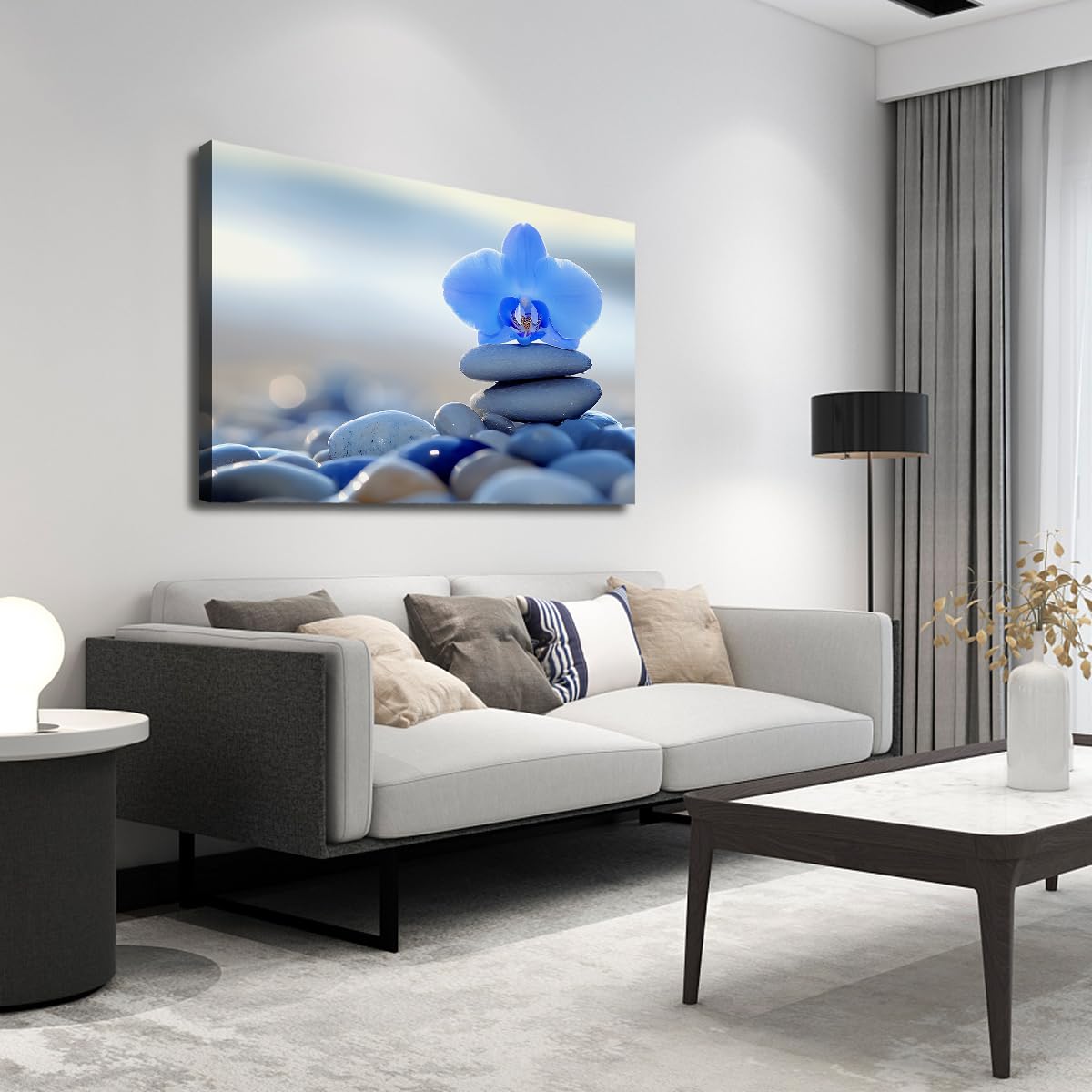 TOANGWALL Niebieska orchidea płótno sztuka ścienna kwiat zen obraz zen z kamieniem zrównoważona rama nowoczesna natura sztuka plakat do dekoracji biura sypialnia 30 x 45 cm