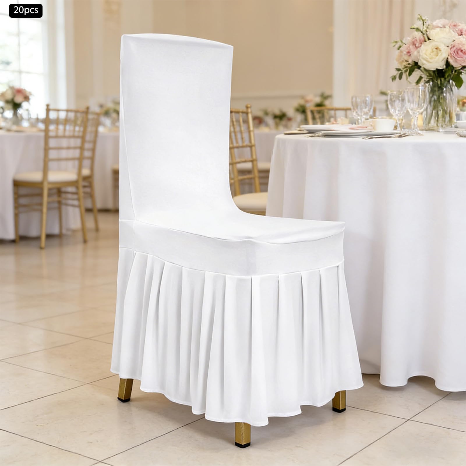 Stuhlhussen mit Skirting Faltenrock Polyester Spandex Universelle Waschbare Stuhlabdeckung Stretch Slipcovers für Hochzeit Party Essen Bankett Stuhl Dekoration, 20 Stück