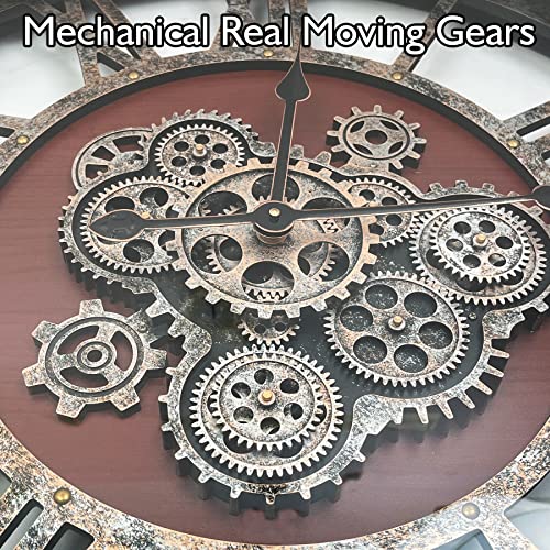 Dorboker 27" Original Moving Gears Wall Clock, Large Industrial Wall Clock For Living Room Decor, Retro Metal Solid Wood Vintage Farmhouse Steampunk Rustic Clocks For Wall Decor,Black Walnut #TOP1