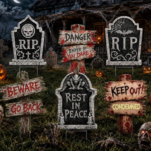 6Pc Halloween Yard Signs Tombstone Warning Stakes Outdoor Graveyard Decor
