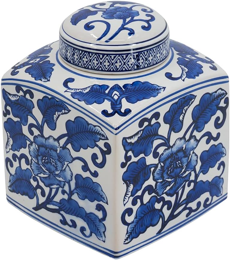 A&B Home Ceramic Ginger Jar with Lid - 8" Blue and White Porcelain Vase, Home Decor Centerpiece, Shelf and Table Top Accessory