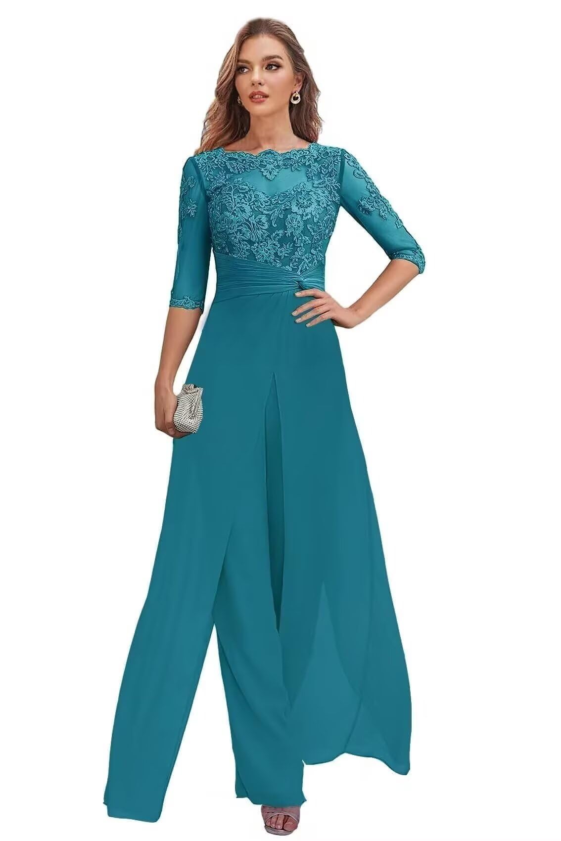 Hosenanzug Damen Elegant 3/4 Ärmeln 2 Teiler Festlich Chiffon Spitzenapplikation Hochzeitsgast Brautmutter Hosen Set