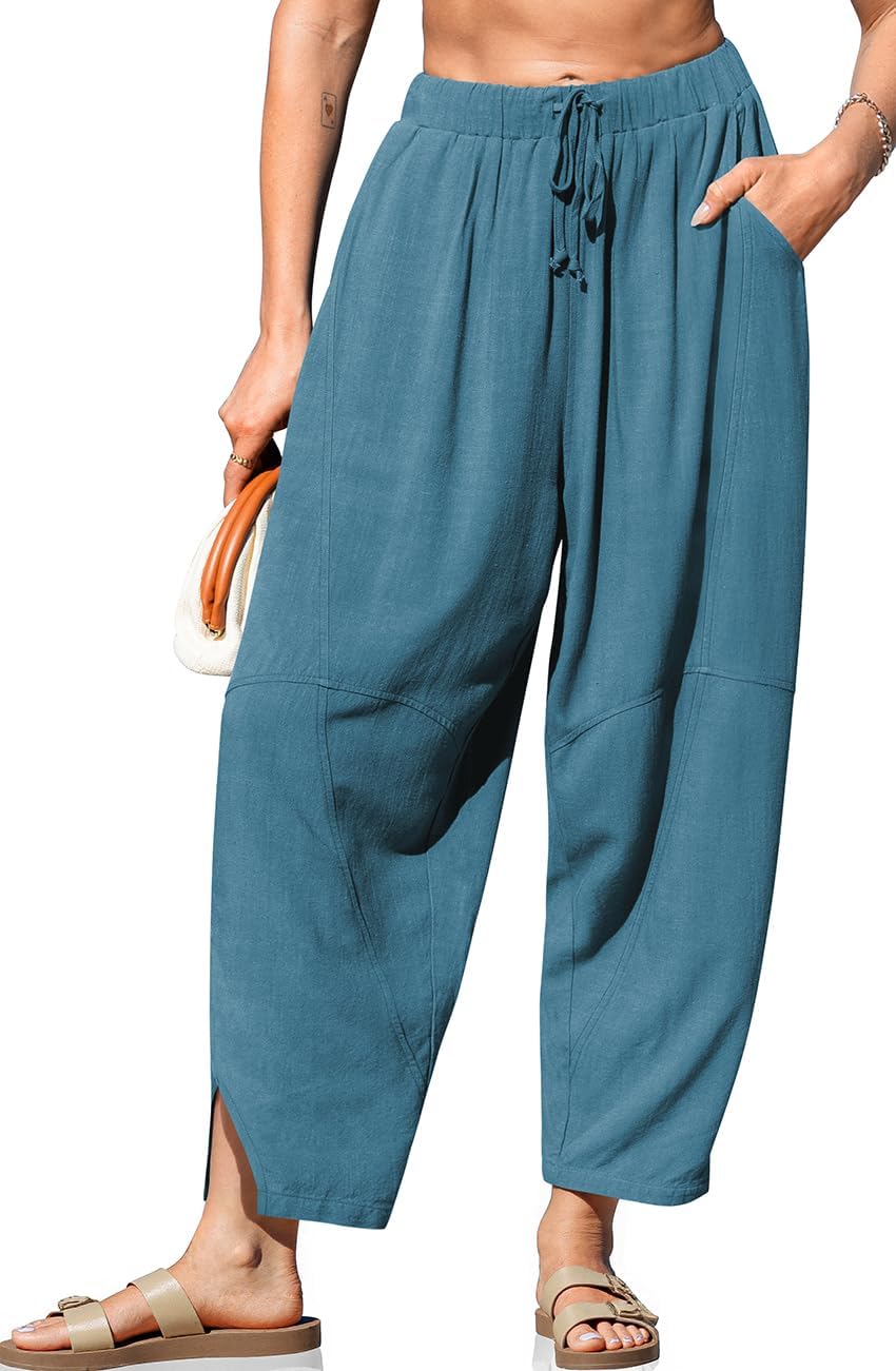 TARSE Women's Linen Harem Pants Casual Loose Fit Wide Leg Cropped Lightweight Drawstring Elastic Waist Pants with Pockets