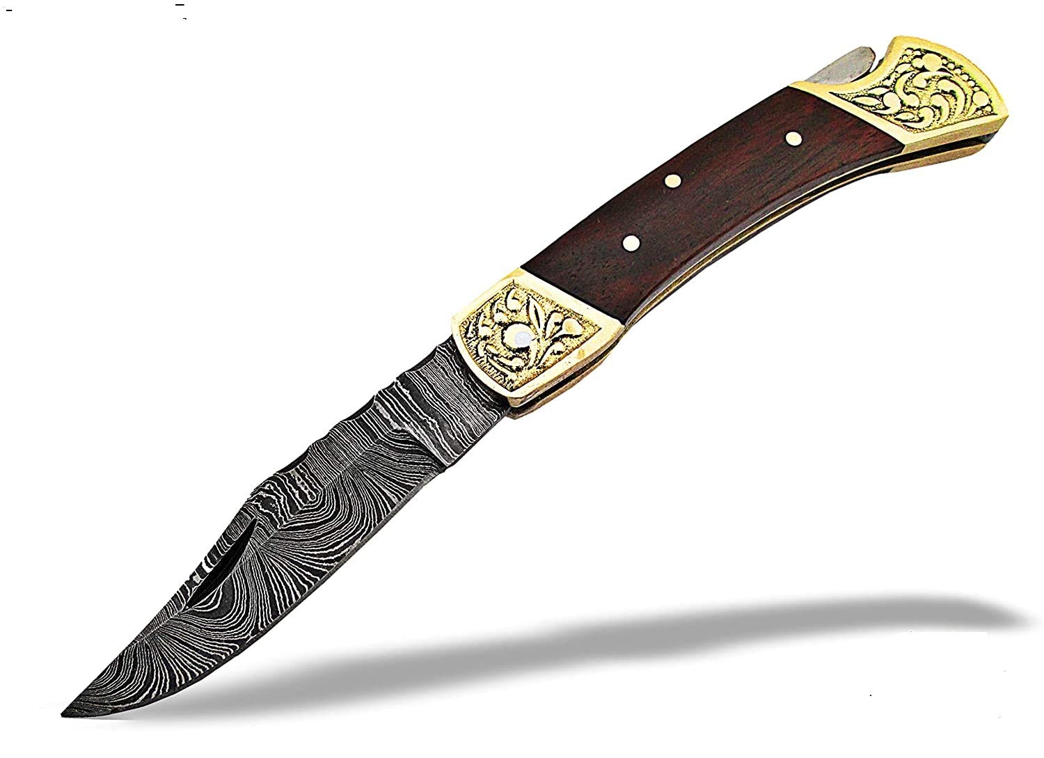 TNZ-519 Damascus Handmade Pocket Engraved Bolsters Folding Knife 3" Blade, 7" Overall,8 oz, with Leather Cover >>>> TNZ Hand Made Damascus Knives