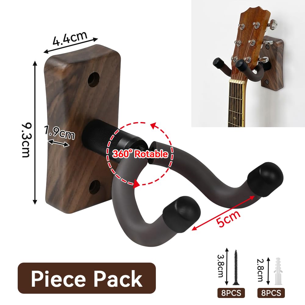 Lot de 4 Supports Muraux en Bois de Noyer Noir pour Guitare Support Mmural pour Guitare et Basses avec Bras Pivotant à 360° et Patin en Caoutchouc Porte Guitare Mural Noyer pour Salon, Studio