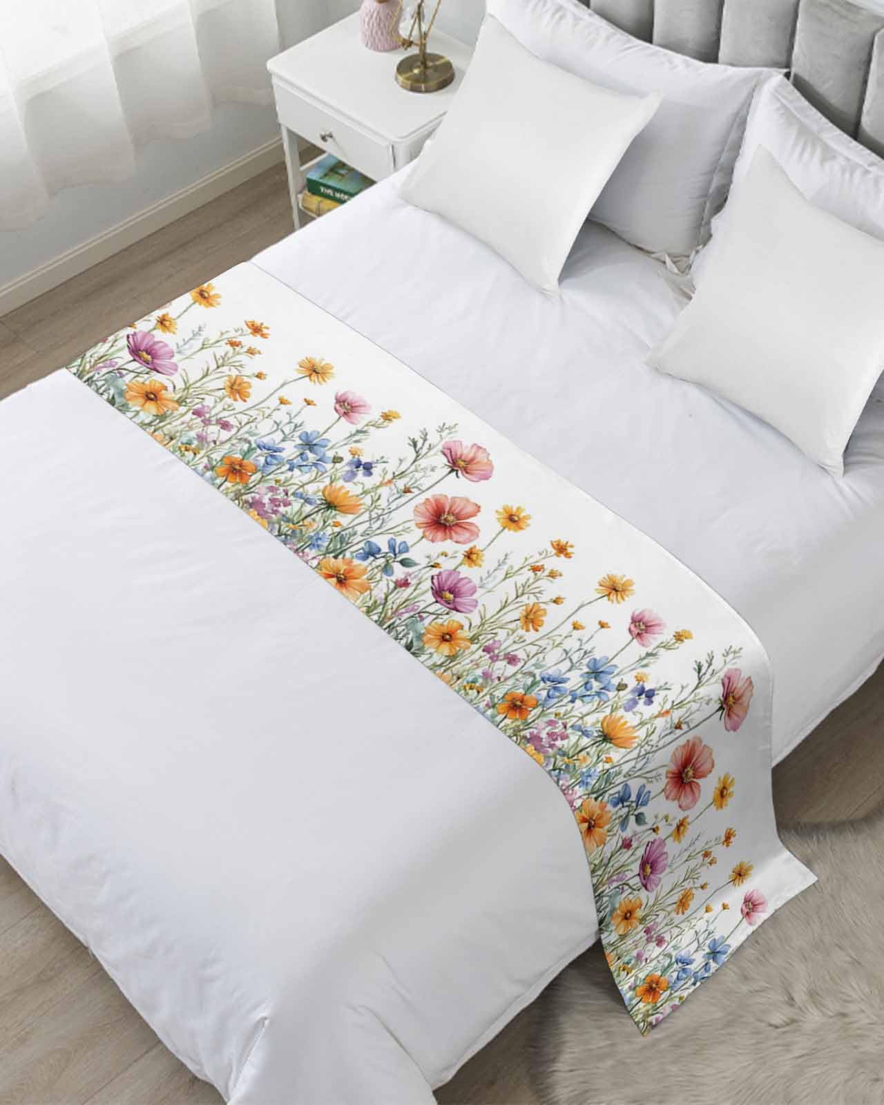 Twin Bed Runner Country Colorful Wild Flower Bedding Runner Scarves Decorative Bed Scarf, Summer Watercolor Floral Soft Bedding Scarf for Bedroom Hotel Wedding 94x20in