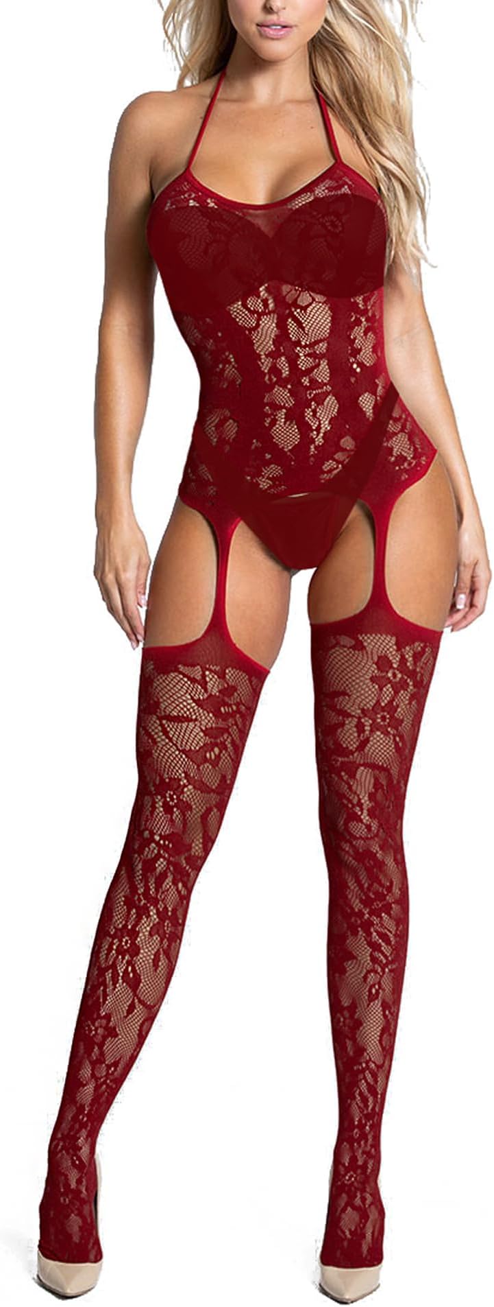 Women Fishnet Bodystocking Attached Stockings Sexy Lingerie Crotchless Bodysuit One Piece Babydoll One Size