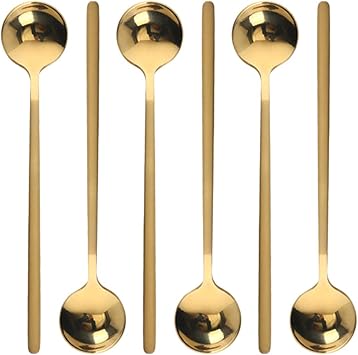 6 Pcs Golden Stainless Steel Round Dessert Spoons - Long Handle for Hot Chocolate, Ice Tea, Latte & Espresso