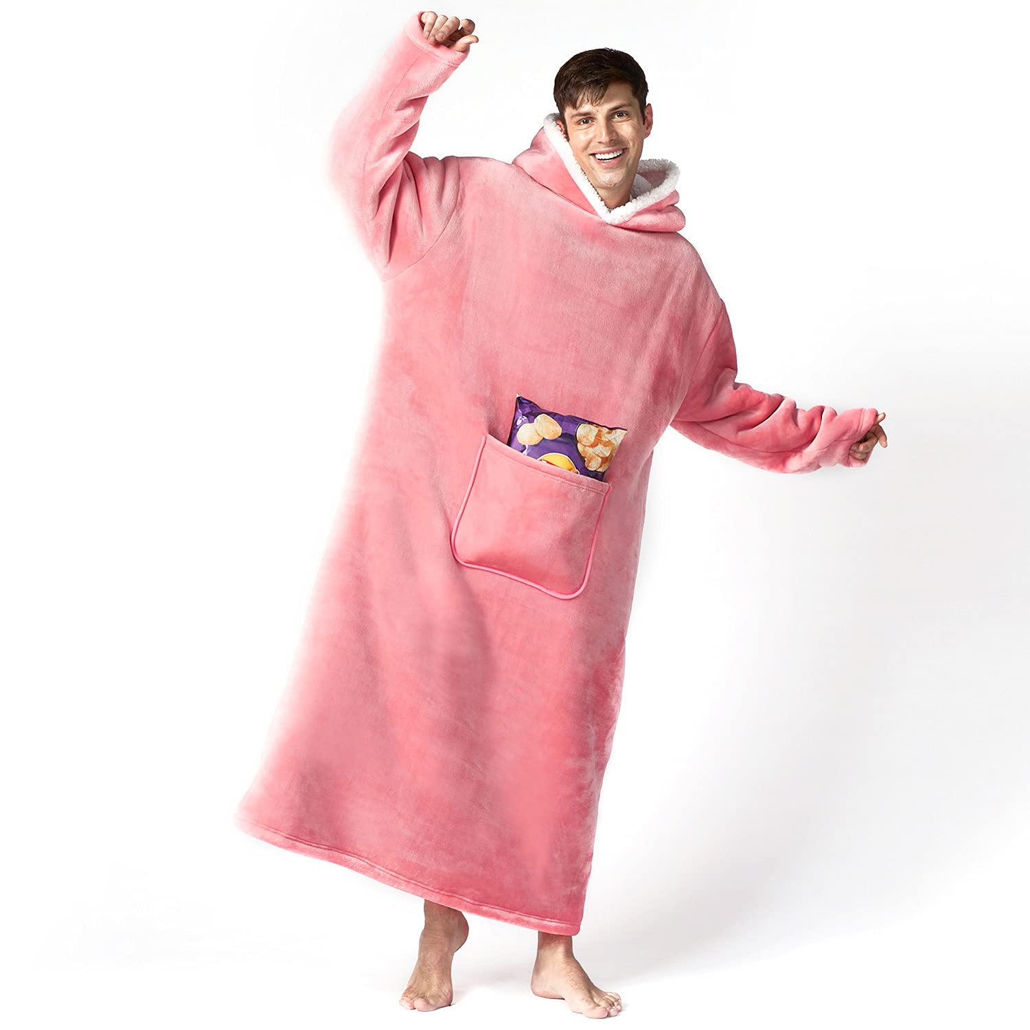 Hansleep Wearable Blanket Sherpa Oversized Sweatshirt with Hoodie, Soft Warm Flannel Fleece Throw Blankets Sweatshirt with Sleeves and Pocket, One Size Fits All (Pink, Long)
