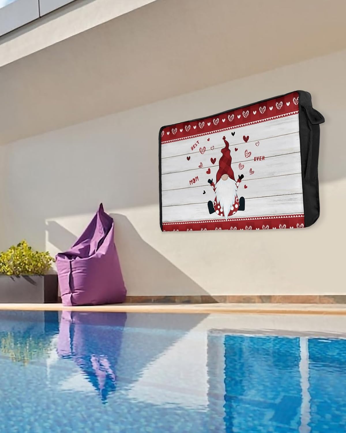 Outdoor TV Cover - Happy Mother's Day Cute Gnome Love Heart on Rustic Wooden Grain Waterproof and Weatherproof 30"-32" LCD Movable Shield TV Display Screen Protector Outside Television Covers