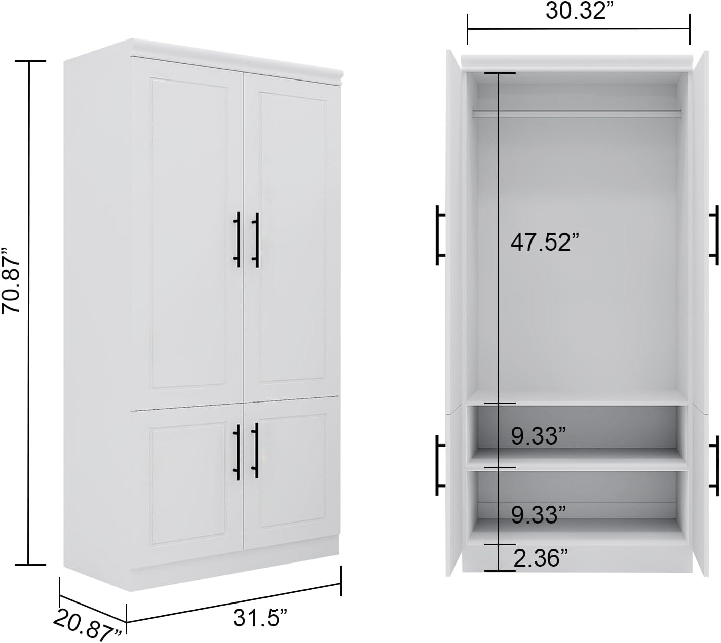 White Wardrobe Closet, 31.50" W x 20.87" D x 70.87" H, Freestanding Armoire with Hanging Rod and 2 Shelves,Modern Bedroom Organizer and Storage Cabinet