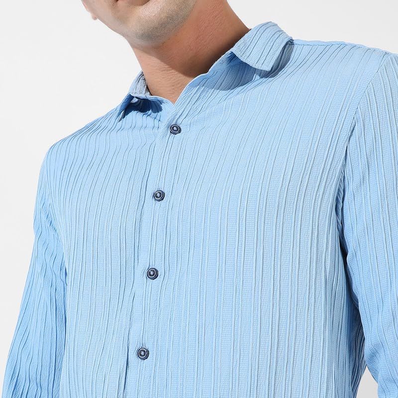 Image of CAHOOT Men's Self-Design Striped Shirt for Casual Wear | Spread Collar | Long Sleeve | Button Closure | Shirt Crafted with Comfort Fit for Everyday Wear