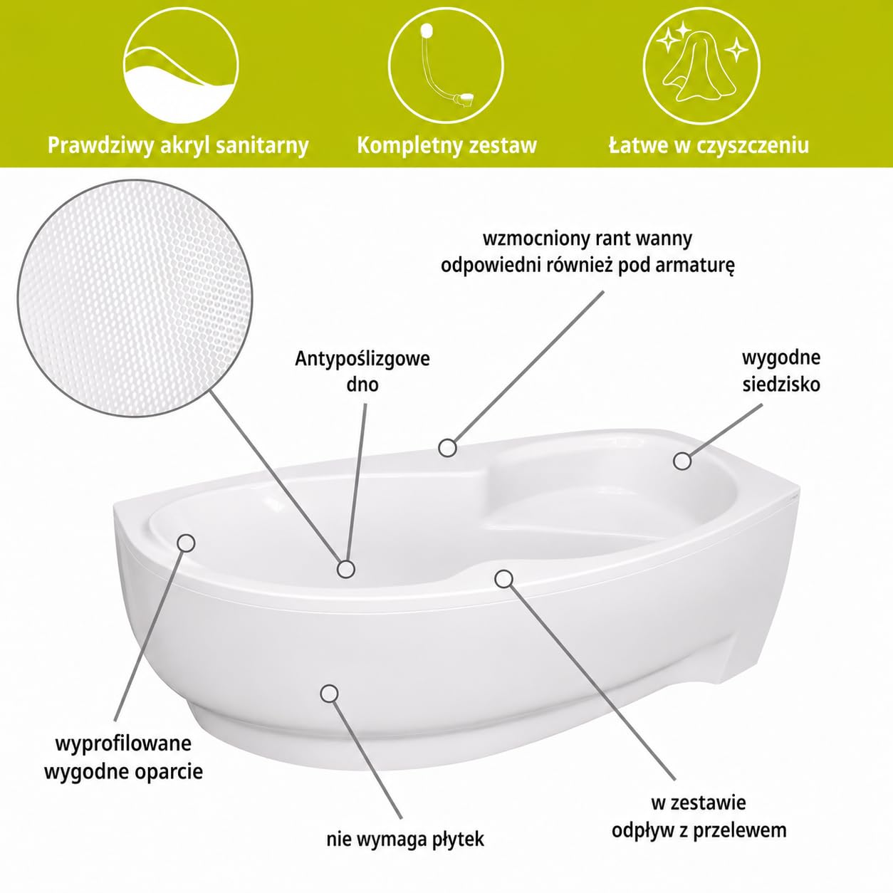 Wanna narożna ECOLAM® WELA 170x100 cm PRAWA z obudową | Wanna akrylowa, Wanna sanitarna akrylowa | Obudowa akrylowa + zagłówek Mare + automatyczny spust i armatura przelewowa | Antypoślizgowe, łatwe w