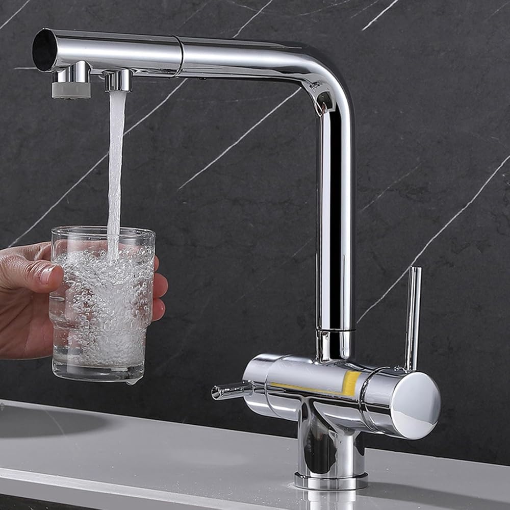 3-Wege-Küchenarmatur - Ausziehbarer Mischbatterie mit Schwenkauslauf für Trinkwasser und Filtration