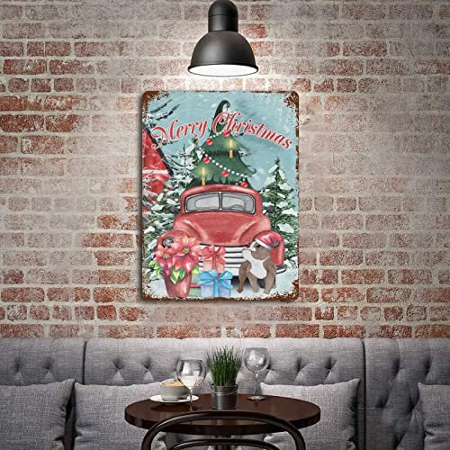 Wodevor Decorative Merry Christmas Dog Red Truck Metal Sign Personalized Metal Signs For Outdoors Merry Christmas Tin Metal Sign Hanging Wall Plaque Kitchen 12"X16" #TOP3