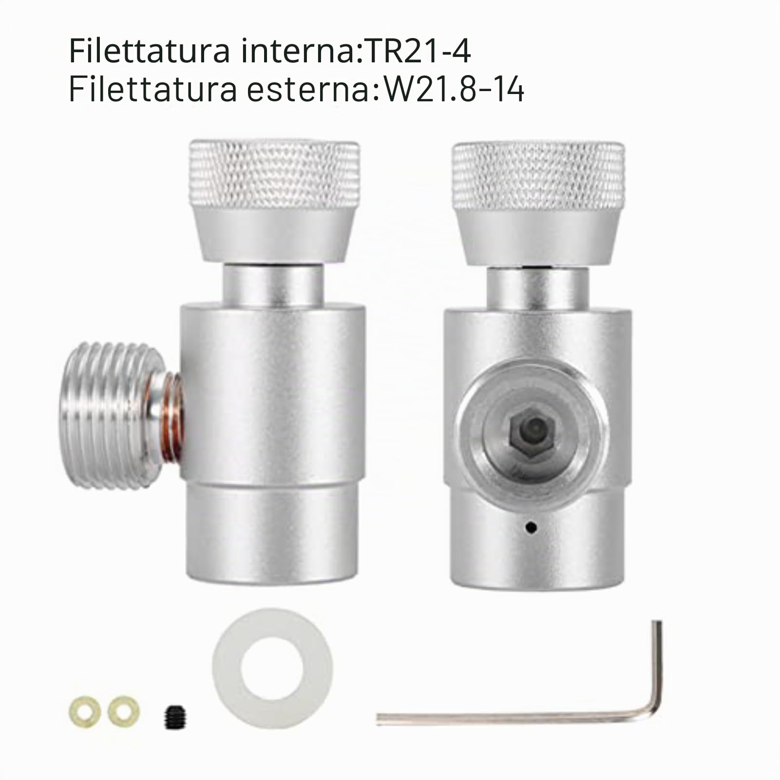Adattatore CO2 in Metallo per Ricarica Bombole, Regolatore con Valvola di Scarico, Filettatura TR21-4/W21.8-14, Argento