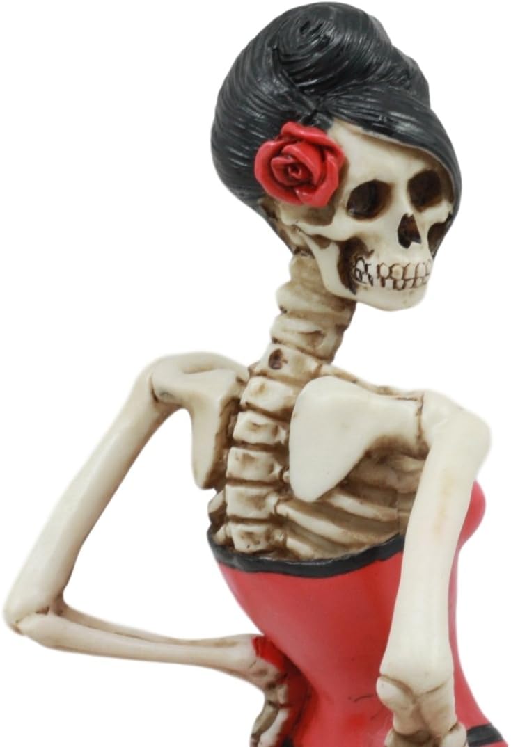 Ebros Day of The Dead Rose Diva Lady in Red Ballroom Gown Skeleton Statue 8.5" Tall Selfie Posing Sugar Skull DOD Dancer Figurine Viva De Calacas Danza De DAMA Gothic Macabre Collectible Sculpture