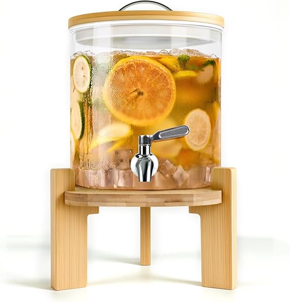 Beverage Dispenser 1.5 Gallon, Glass Drink Dispenser with Stand, Drink Dispensers for Parties, Beverage Dispenser with Wood Stand, Stainless Steel Spigot, for Parties,Bars,Restaurants (1.5 Glallons)