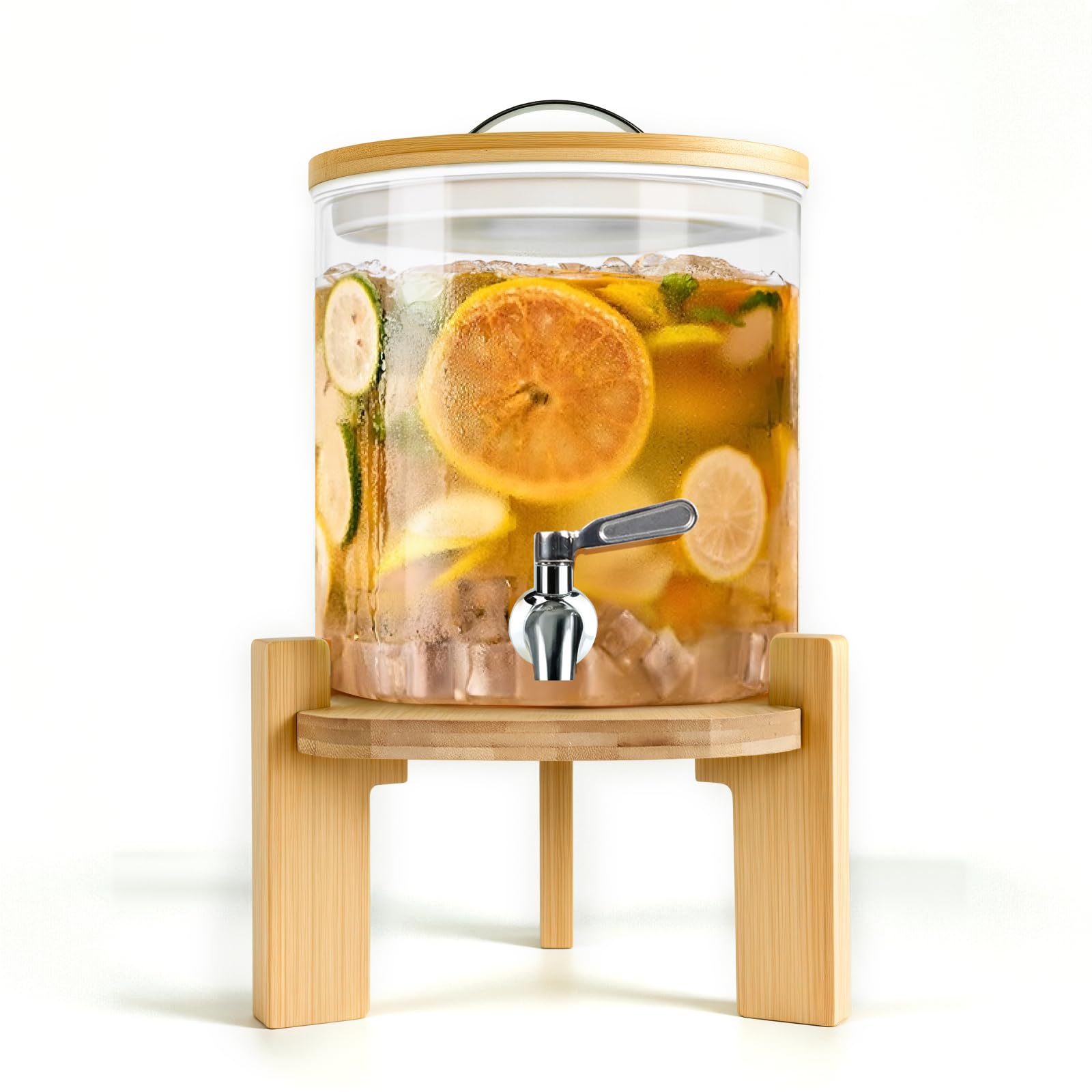 Beverage Dispenser 1.5 Gallon, Glass Drink Dispenser with Stand, Drink Dispensers for Parties, Beverage Dispenser with Wood Stand, Stainless Steel Spigot, for Parties,Bars,Restaurants (1.5 Glallons)