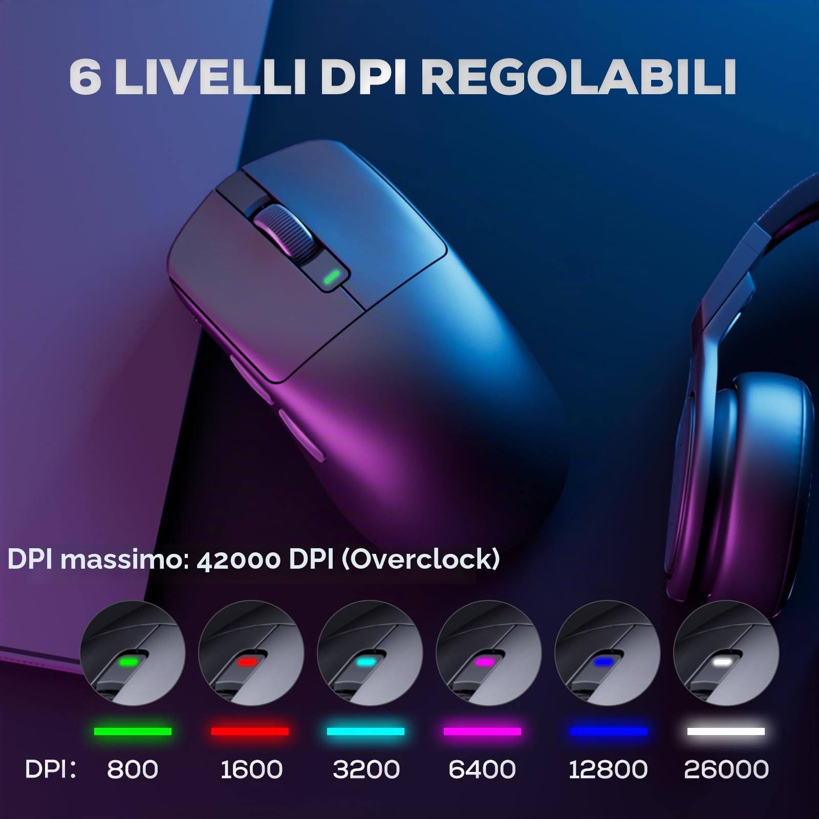 RK ROYAL KLUDGE M3 Mouse Gaming Wireless Ultraleggero 47g, Sensore PAW3950 42000 DPI, Mouse Wireless 8K BT/2.4G/USB, 5 Pulsanti Programmabili, Design Ergonomico, Batteria 650mAh per PC/Console, Nero