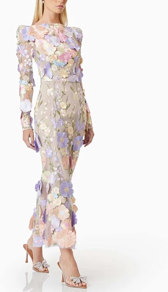 Amazon.com: REVOGUER Women's 3D Floral Embroidery Mermaid Prom Dress Long  Sleeve Lace Bodycon Party Cocktail Mini Dress Size 0 Champagne : Clothing,  Shoes & Jewelry