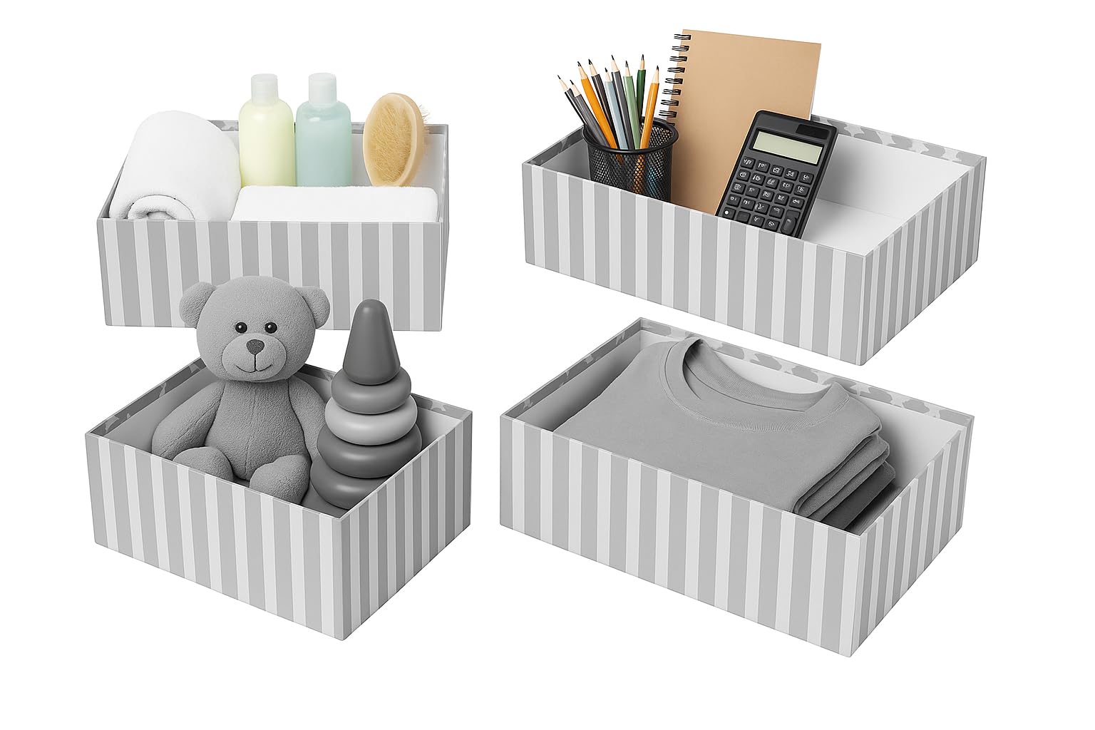 Brandsseller Lot de 10 boites gigognes, Boites-cadeaux, Boites de rangement, Boites en carton avec couvercle – Carton solide à motif étoiles et rayures, Carton, gris, 37,5x29x16cm - 19x13x7,5cm
