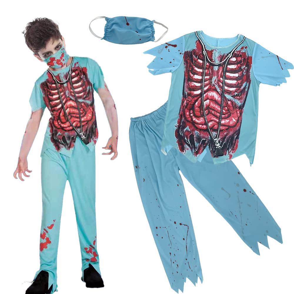 Carnavalife Disfraz Medico Zombie Niño, Disfraz Cirujano Zombie Niño Halloween, Camiseta de Esqueleto, Pantalón y Mascarilla para Disfraces de Enfermero