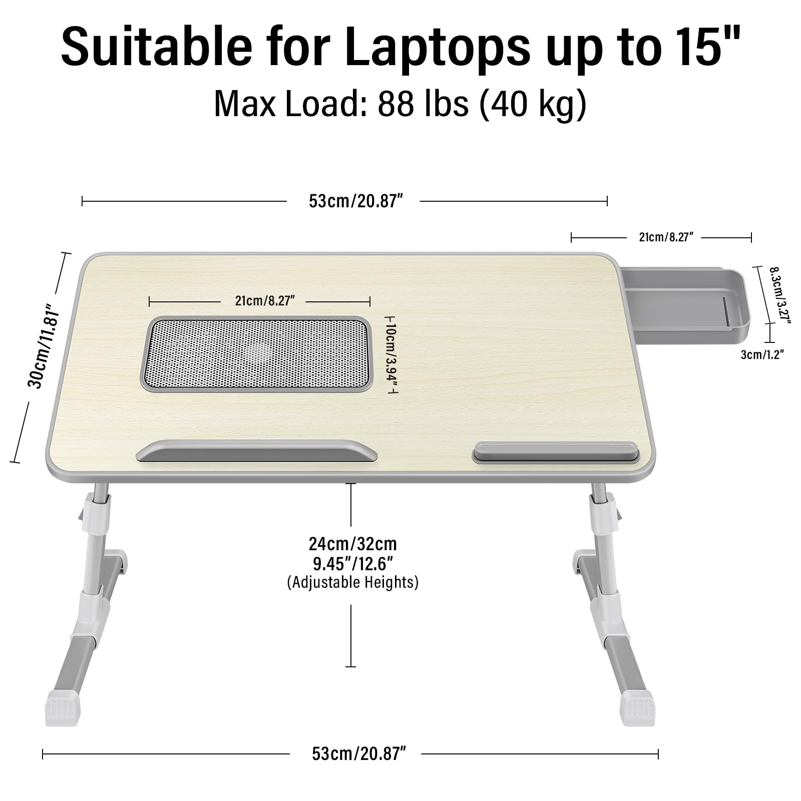 Mesa Cama, Mesa Ordenador Portatil Regulable en Altura y Ángulo, Mesa Plegable con Ventilador para Portatil y Cajón, para Cama, Sofa, Suelo (53 x 30 cm, Beige)