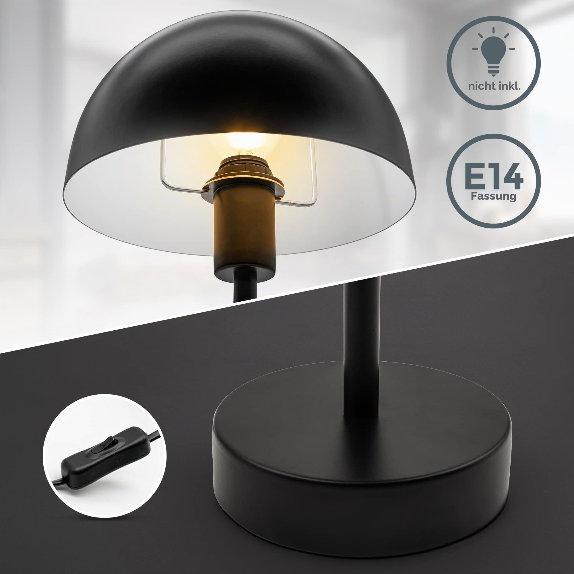 B.K.Licht - Nachttischlampe mit Kabelschalter, E14 Fassung, max. 25 Watt, Tischlampe, Lampe, Schreibtischlampe, Tischleuchte, Bürolampe, Leselampe, Leselicht, 10x32 cm, Schwarz